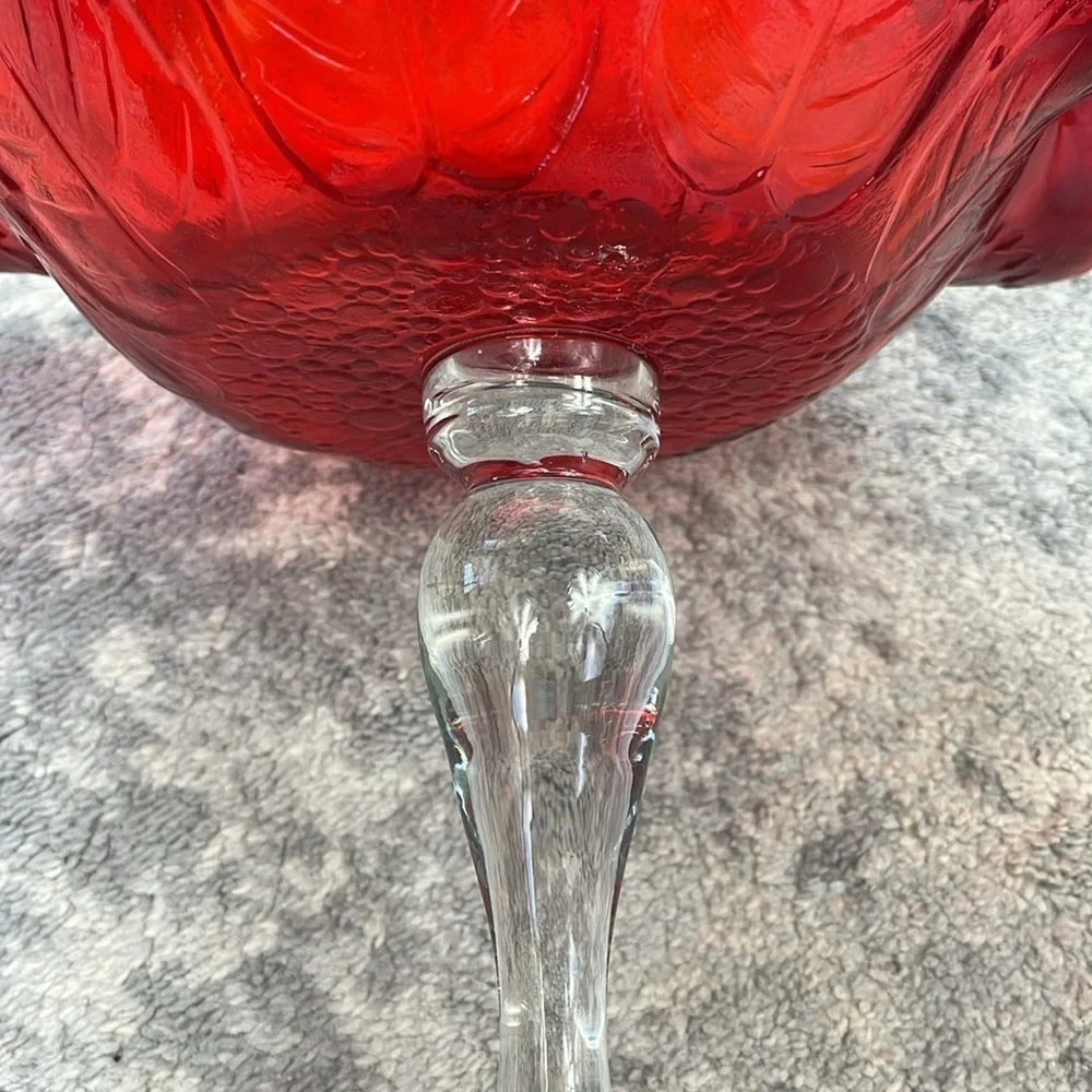 Red Leaf Imprint Ruffled Footed Glass Candy Dish Stand Clear